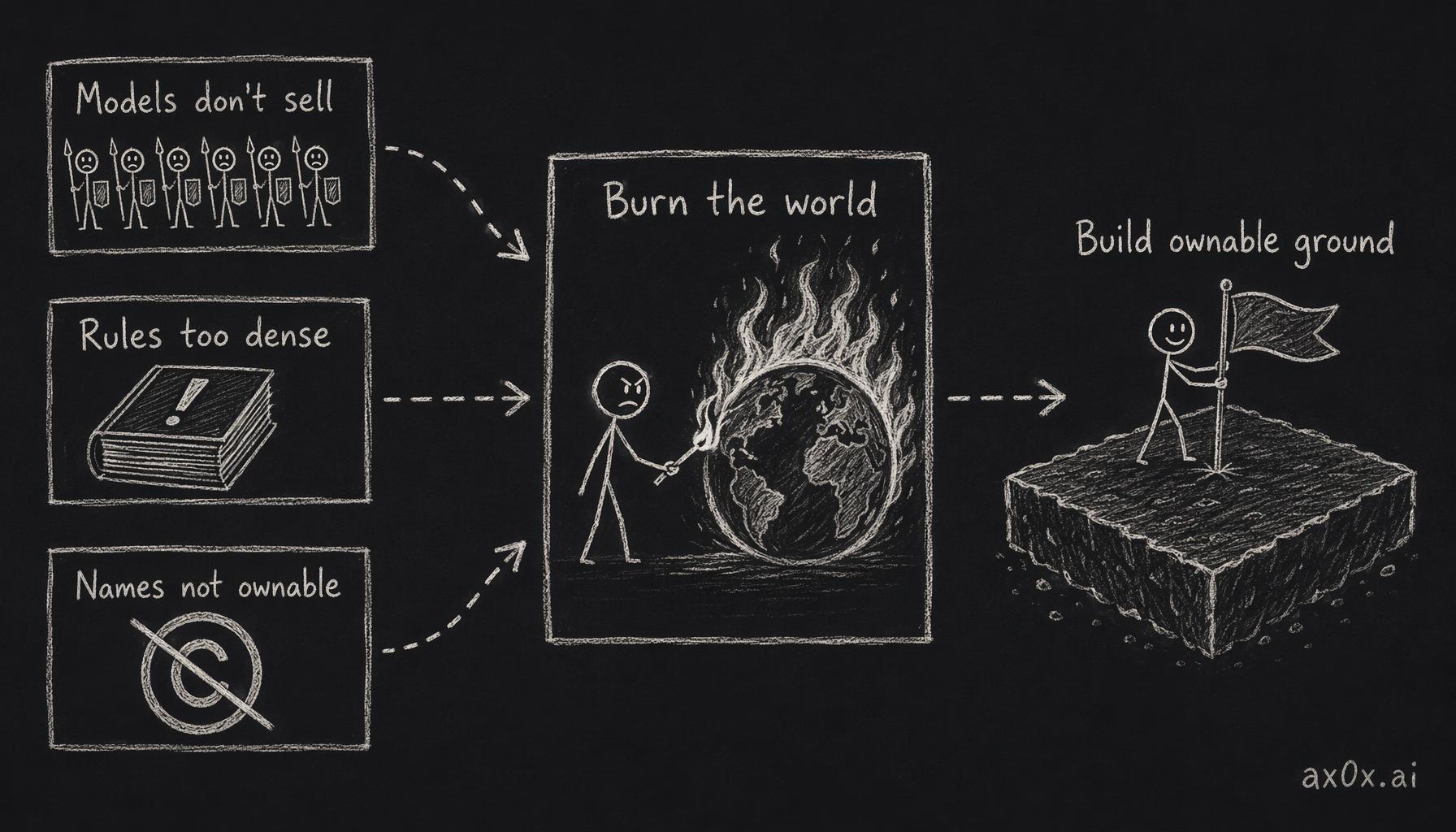 Three business pains funnel into one radical call — burn the old world and rebuild on fully owned, trademark-able ground