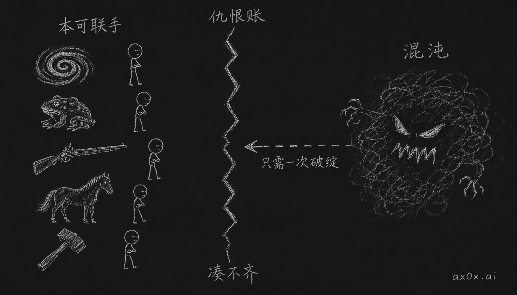 秩序阵营手握全部底牌却因仇恨账凑不到一块，而混沌只需要一次破绽。