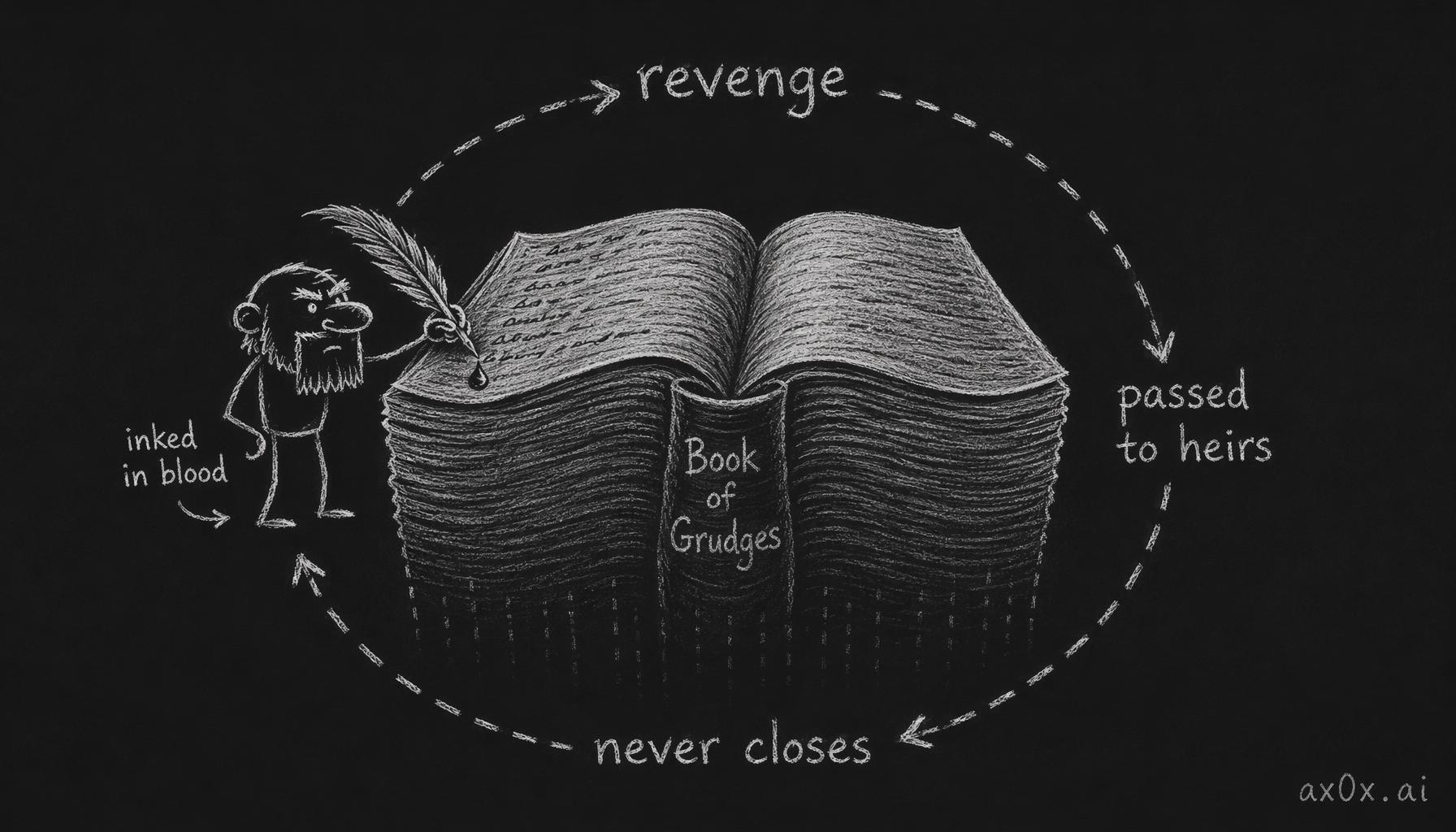 How the Dwarfs' Book of Grudges becomes a loop that never empties — inked in blood, awaiting revenge, passed to heirs, never closed.