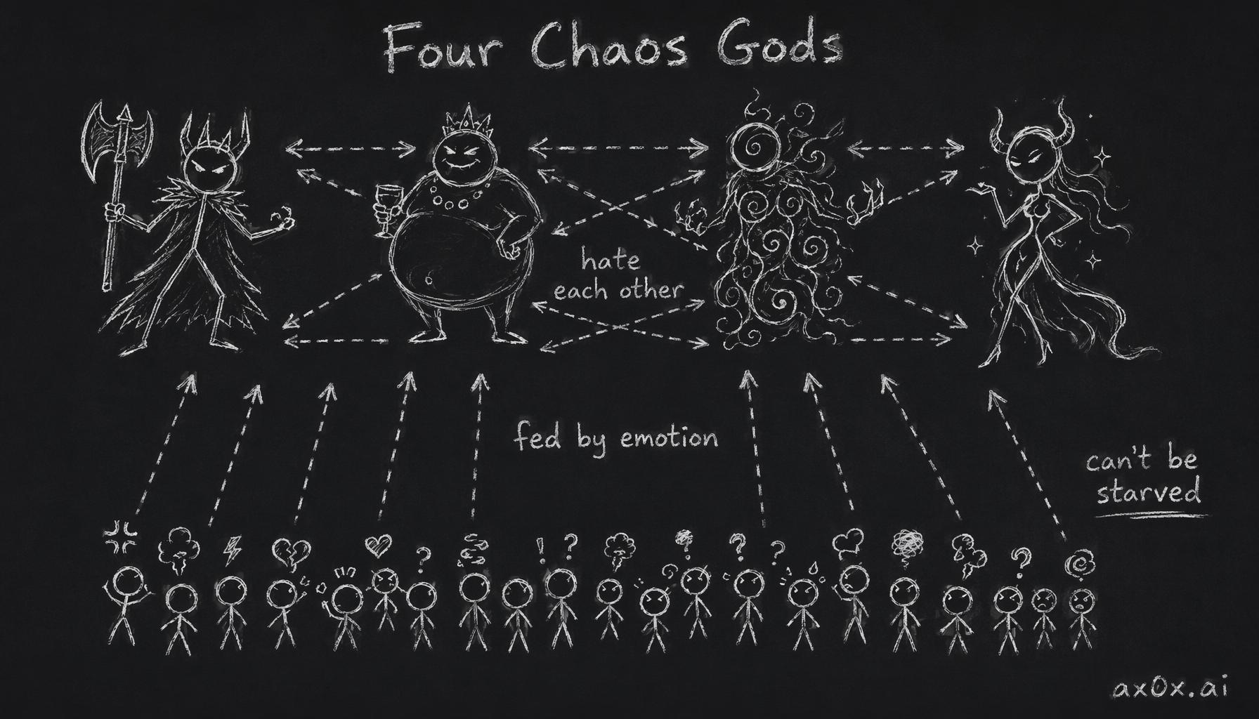 The four Chaos Gods feed on human emotion so they can never be starved, and the only mercy is that they hate each other and stay locked in mutual strife