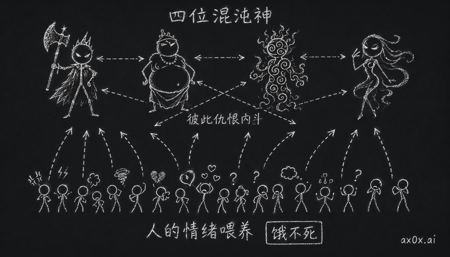 四位混沌神靠人的情绪喂养所以饿不死，唯一的慈悲是他们彼此仇恨、锁死在内斗里