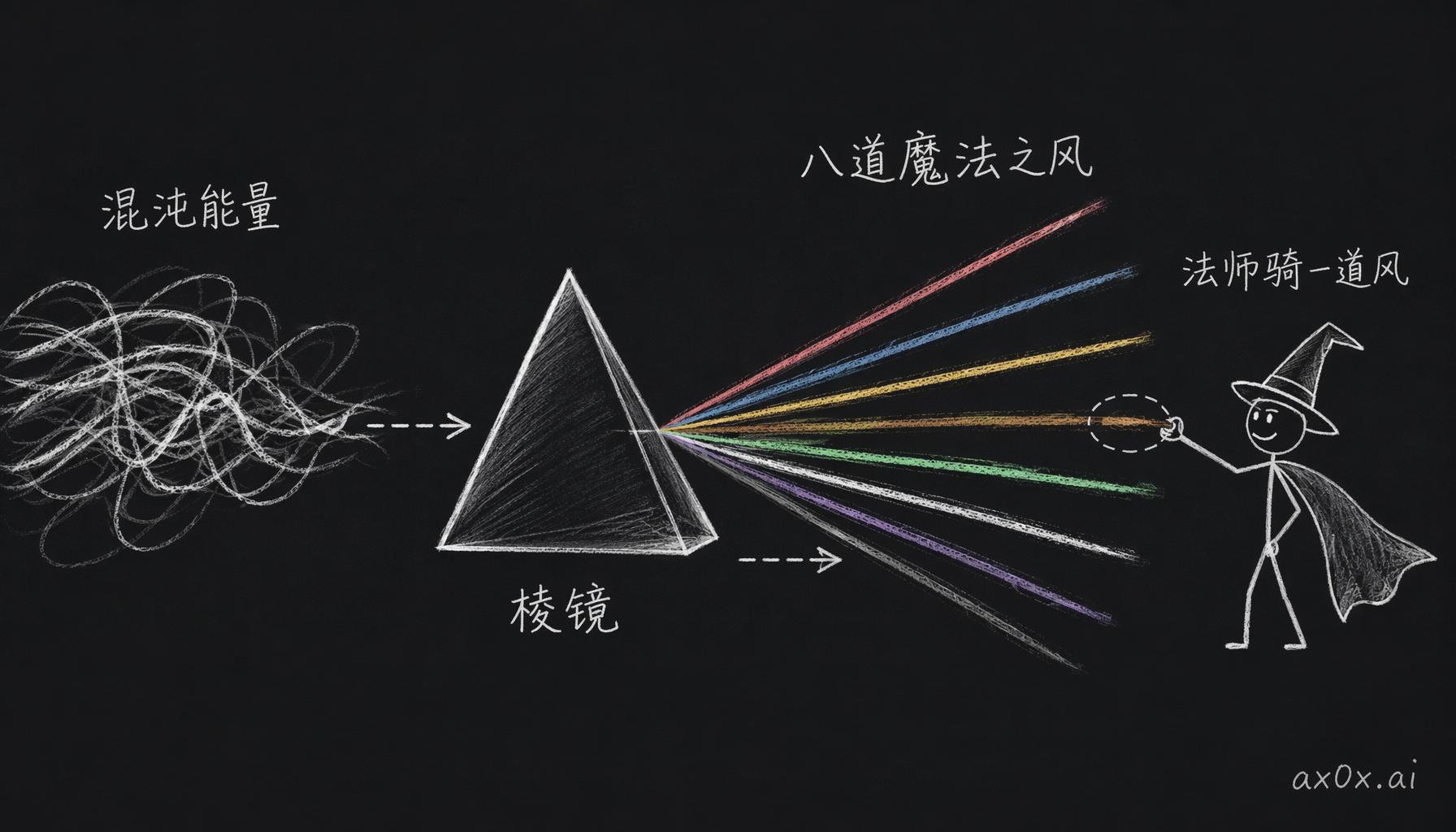 混沌能量向南飘的路上像白光穿过棱镜一样分成八道魔法之风，法师只能骑其中一道