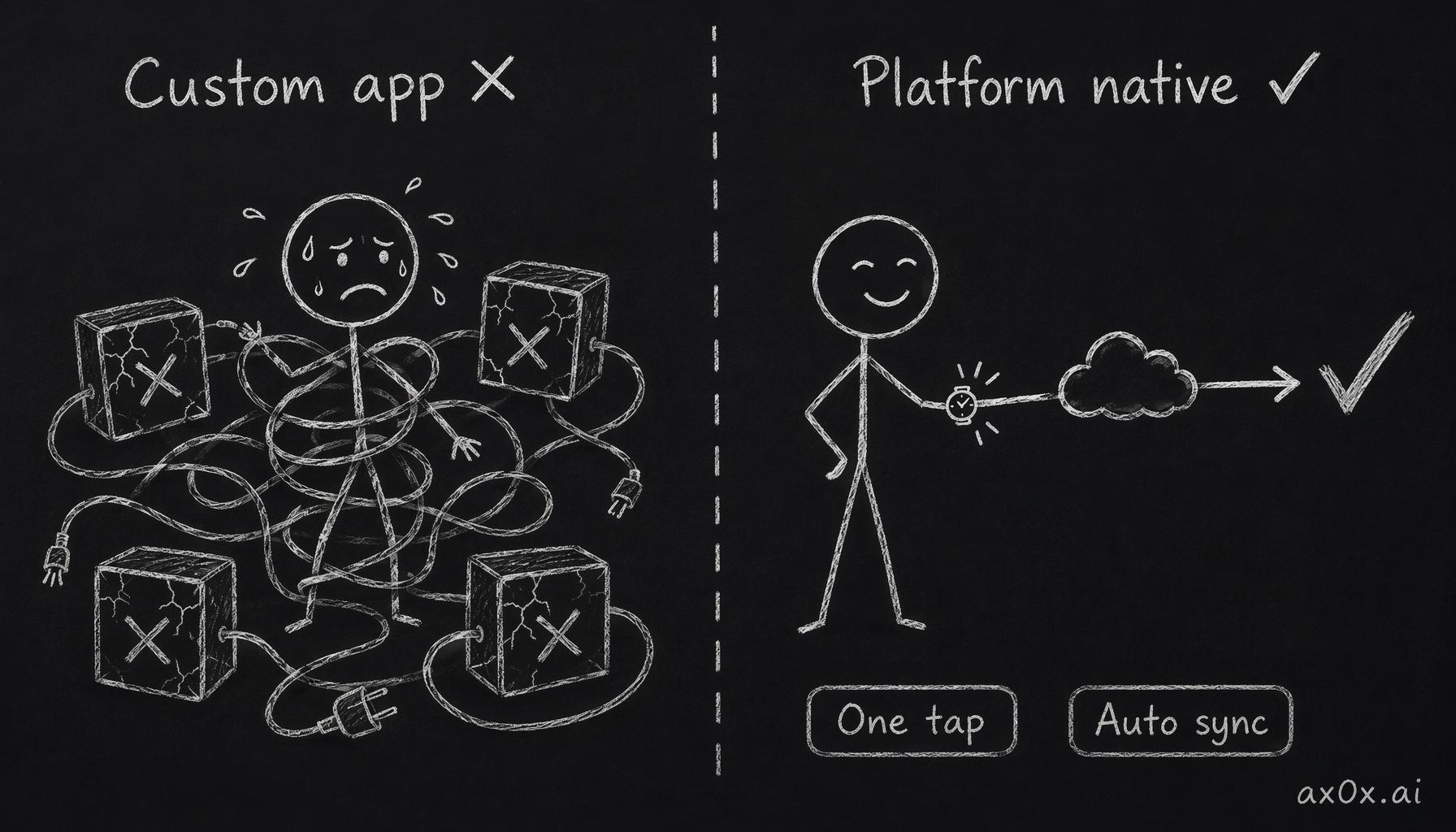 Contrast: a custom watchOS app tangles in failures, while the platform-native iCloud path just works — one tap, auto sync in the background