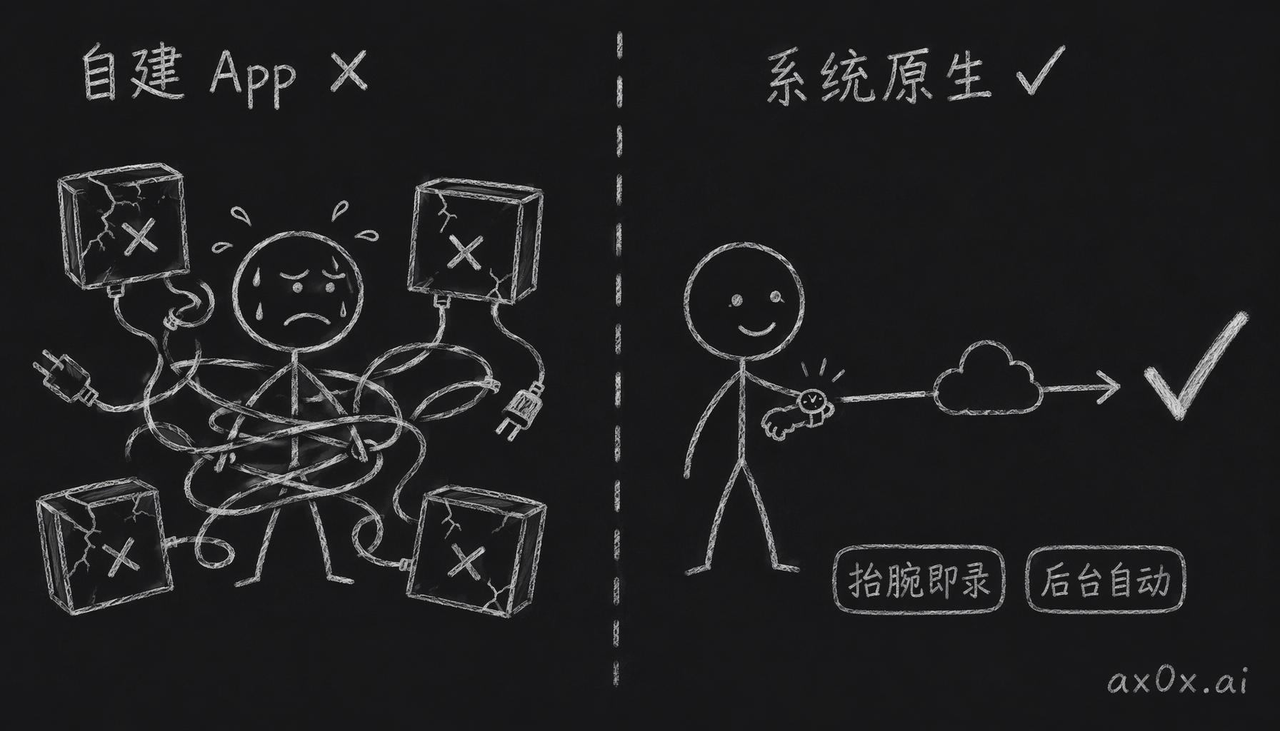 对比：自建录音 App 处处受限、四处报错，走系统原生的 iCloud 路径则抬腕即录、后台自动跑通