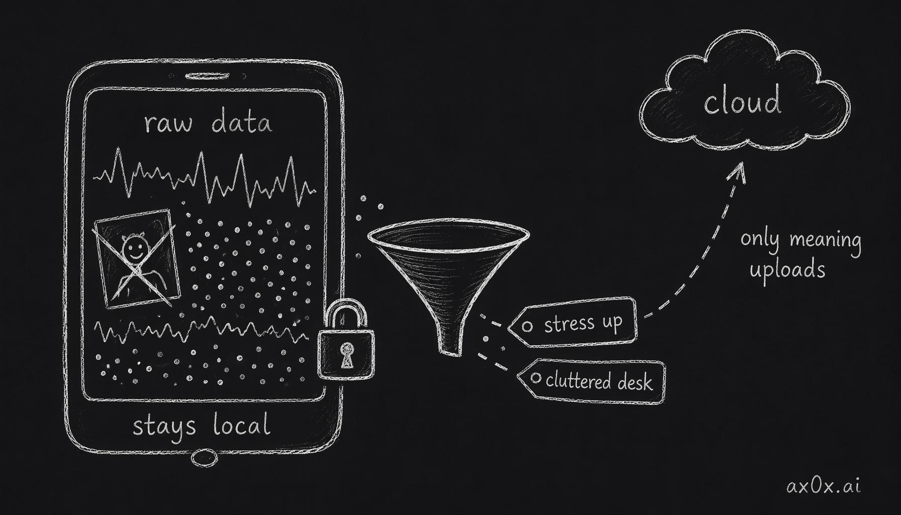 The edge-processing privacy mechanism: raw biometric and image data stays on the local device, and only extracted semantic labels are uploaded to the cloud