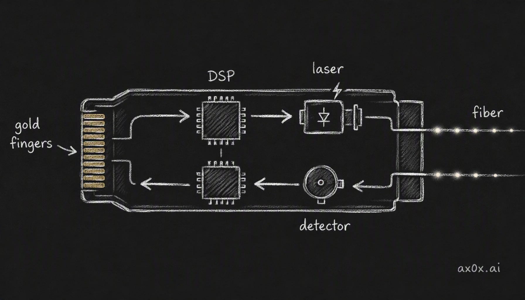 Open an 800G optical module and you find one symmetric signal chain: electrons in at the gold fingers, cleaned by the DSP, turned into light by the laser; on the way back the detector turns light into current and the DSP hands it out again
