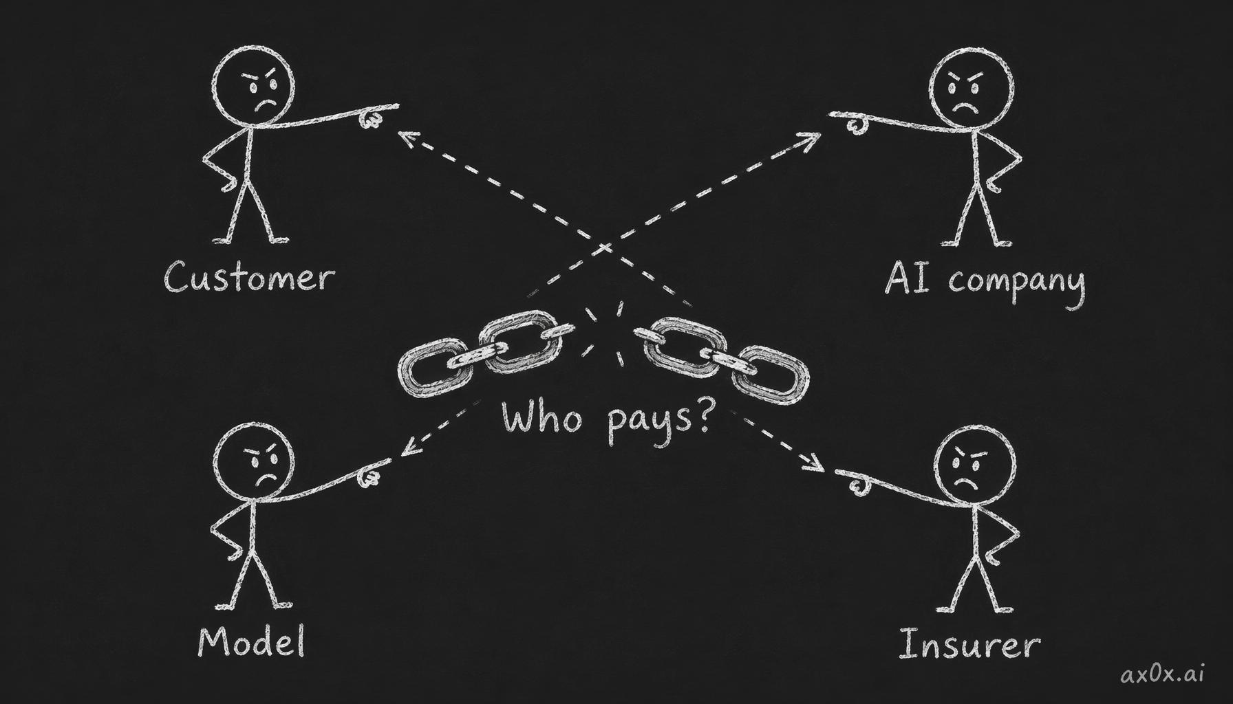 When an autopilot misprices insurance and a loss hits, four parties — customer, AI company, model provider, insurer — point at each other, the liability chain snaps and no one owns it