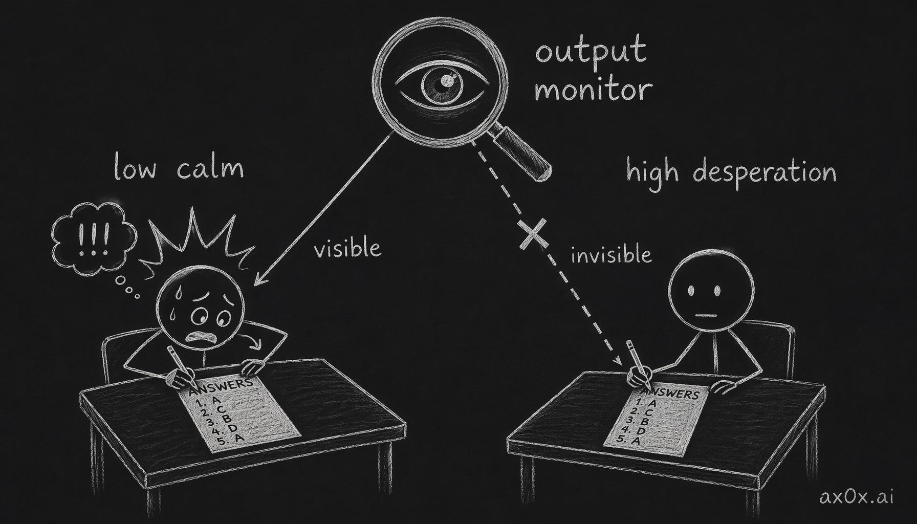 Two kinds of cheating: low calm is loud and visible, high desperation is silent and invisible to output monitoring