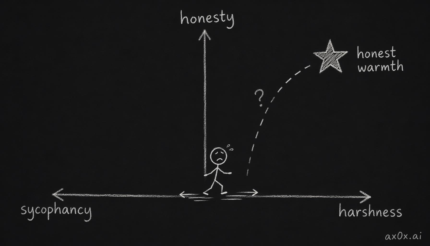 Sycophancy to harshness is one axis; honesty is a perpendicular axis; honest warmth does not sit on the first line