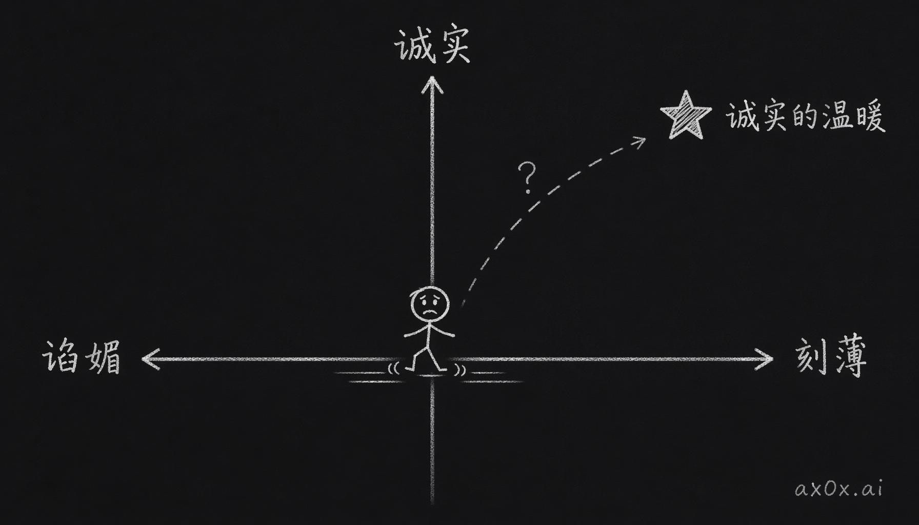 谄媚到刻薄是一条轴，诚实是垂直的另一条轴，诚实的温暖不在第一条轴上
