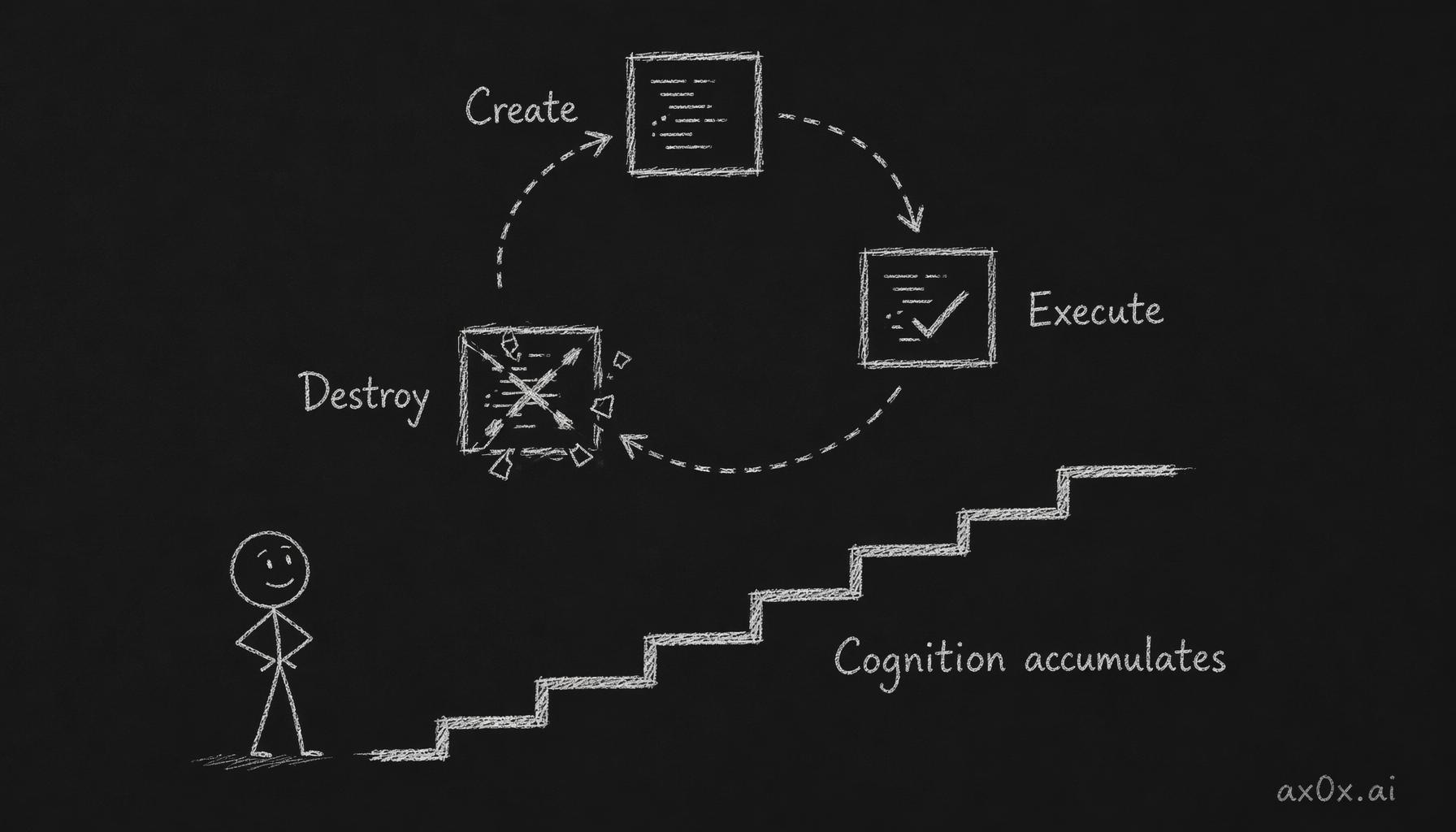 Code is repeatedly discarded through a create-execute-destroy loop while cognition keeps accumulating