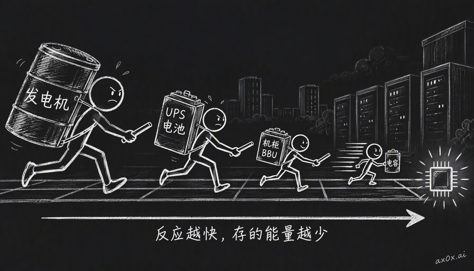 备用电源是一场接力：发电机能撑好几个小时但启动要几秒，UPS 电池能撑几分钟，机柜 BBU 在毫秒级接手，电容反应最快、存的能量也最少