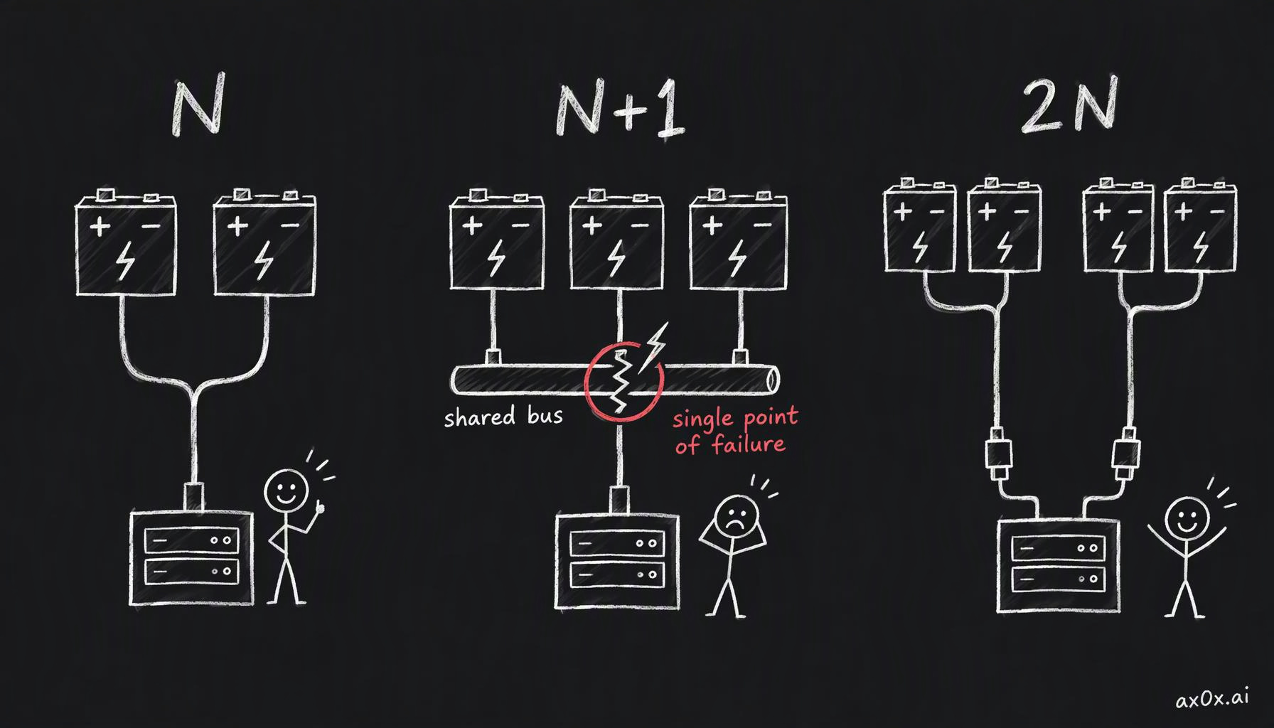 N, N+1 and 2N count spare modules, but if every module feeds one shared output bus, that bus is a single point of failure no matter how many spares sit behind it