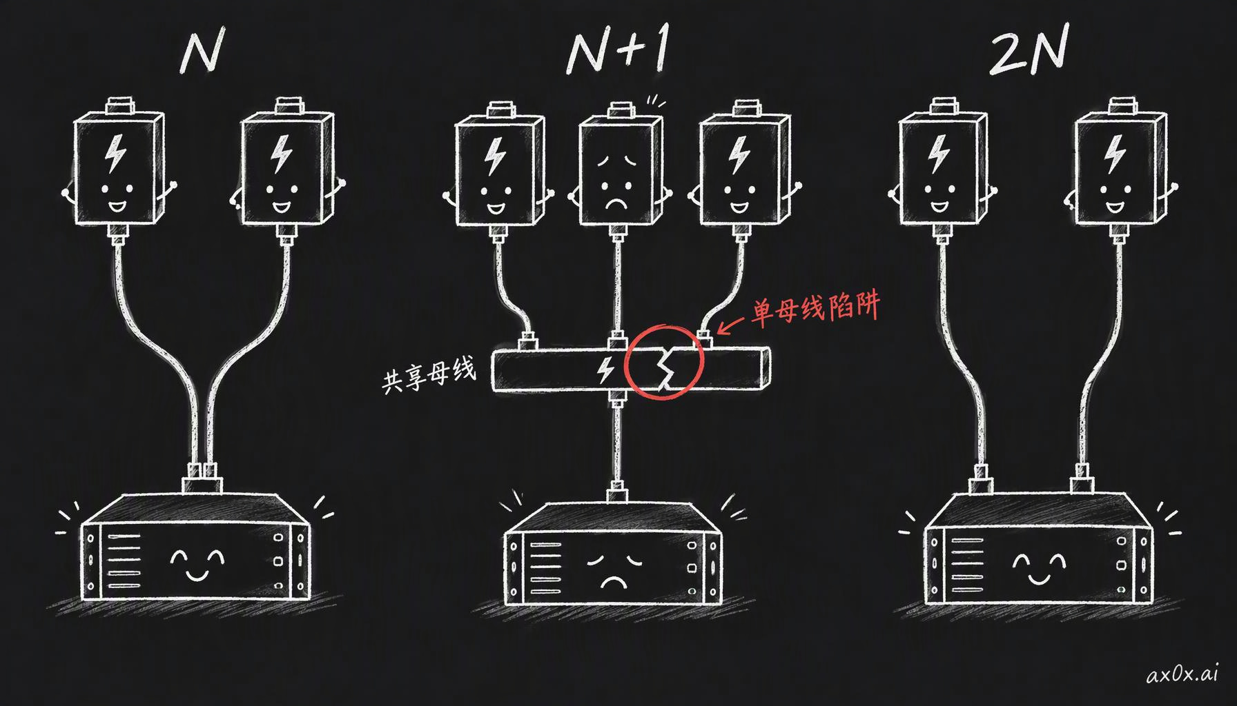 N、N+1、2N 数的是备用模块有几个，可要是所有模块都接在同一根共享母线上，备胎再多，这根母线一出事整间机房照样全黑