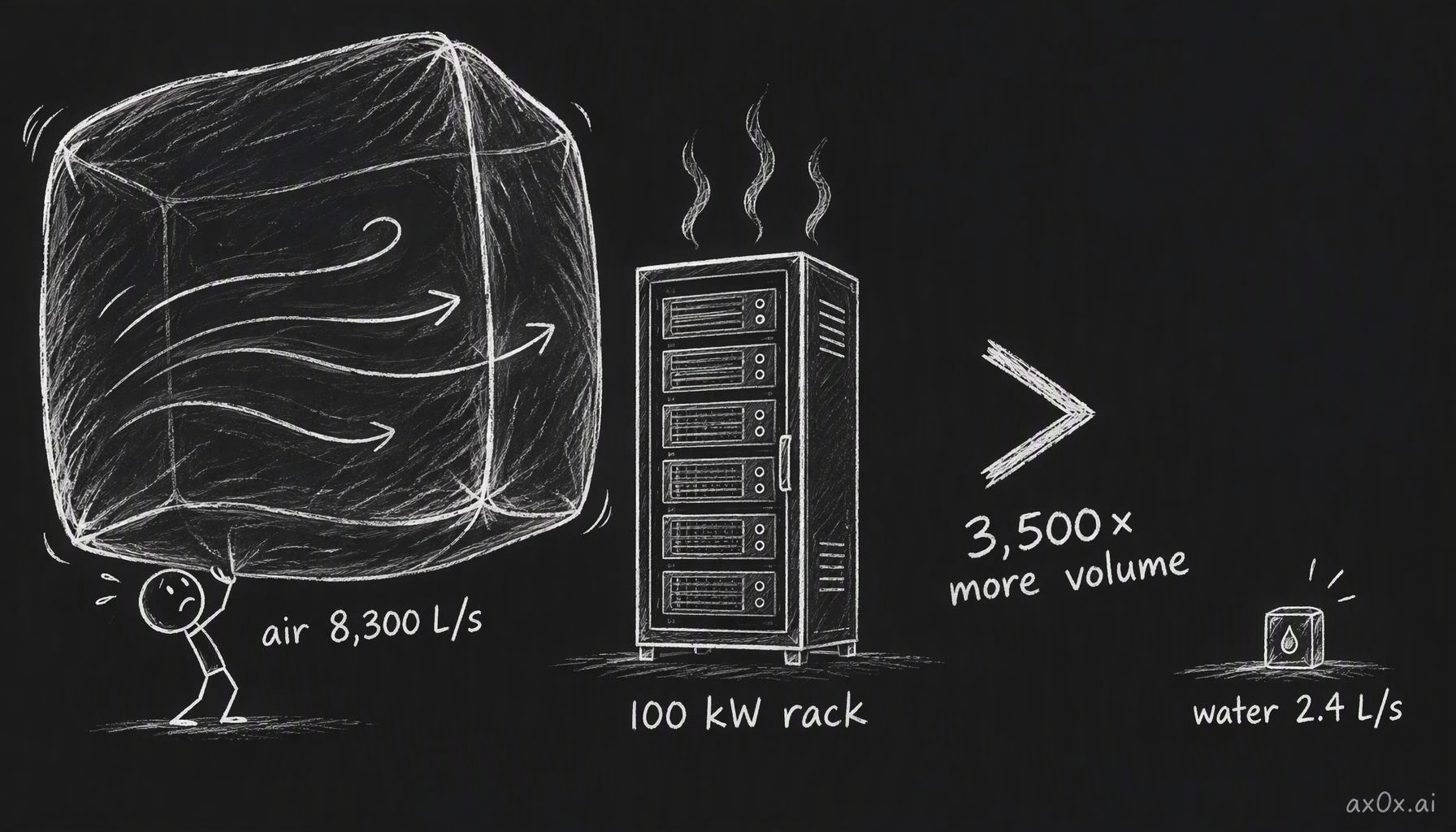To carry 100 kW of heat with a 10 °C rise you need about 8,300 liters of air every second, or about 2.4 liters of water: roughly 3,500 times more volume of air