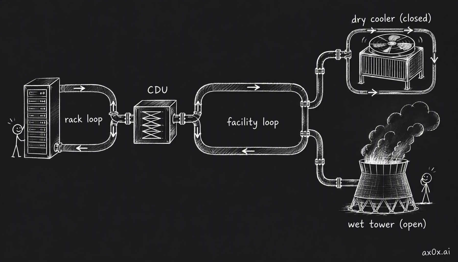 Heat leaves through loops in a row: the sealed rack loop hands off at the CDU to the facility loop, which ends at either a dry cooler that evaporates nothing or a wet tower that is open to the air and evaporates water