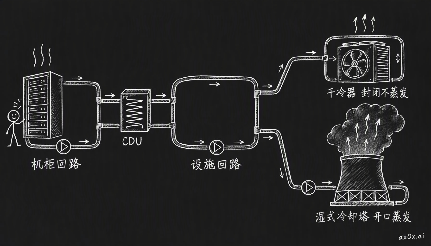 热量顺着一串环路往外走：封闭的机柜回路在 CDU 把热交给设施回路，设施回路最后要么接干冷器，封闭不蒸发，要么接湿式冷却塔，向大气开口、天天蒸发水