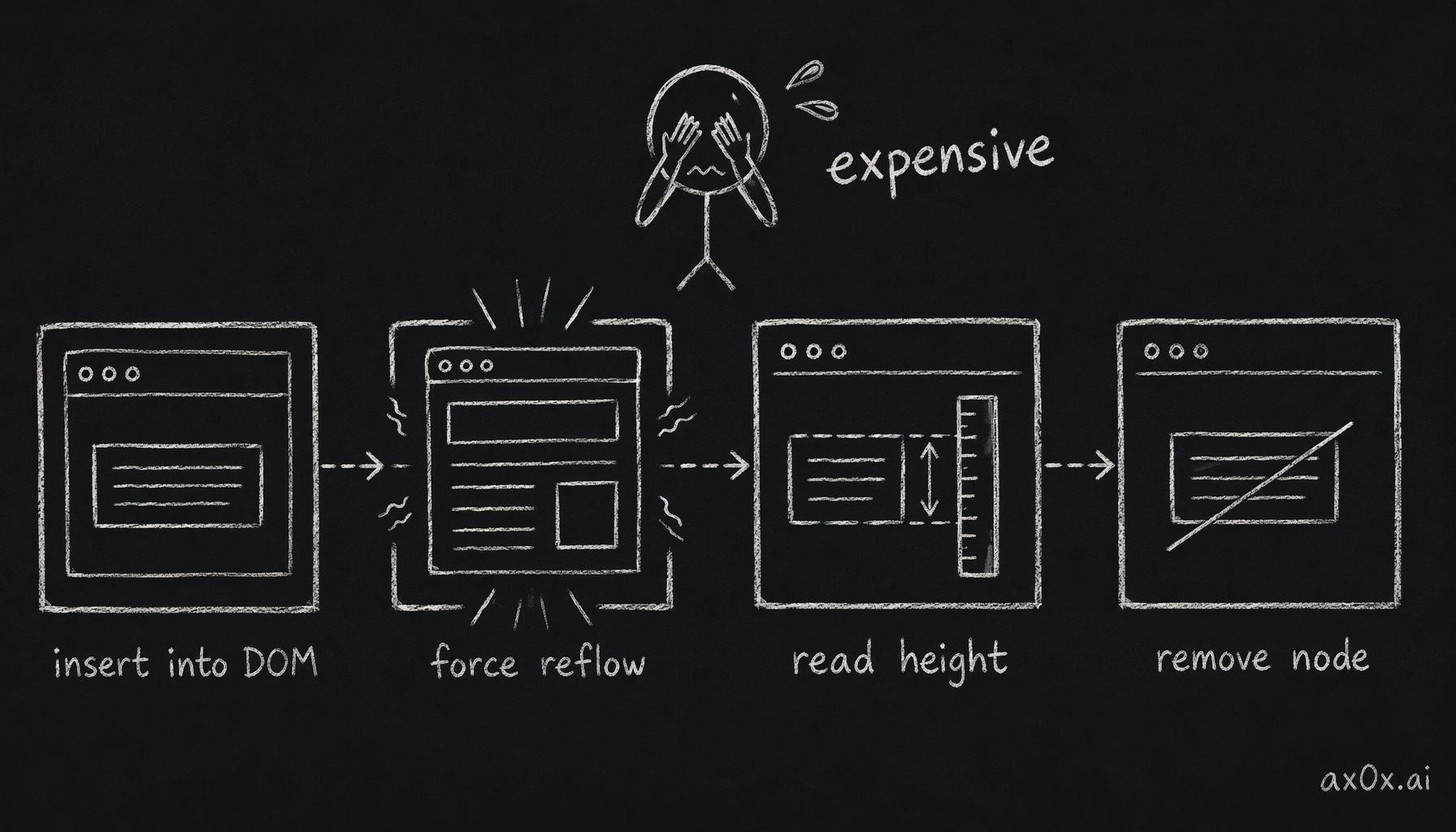 On the web, measuring text means inserting it into the DOM and forcing a full-page reflow before reading and removing it — an expensive loop.