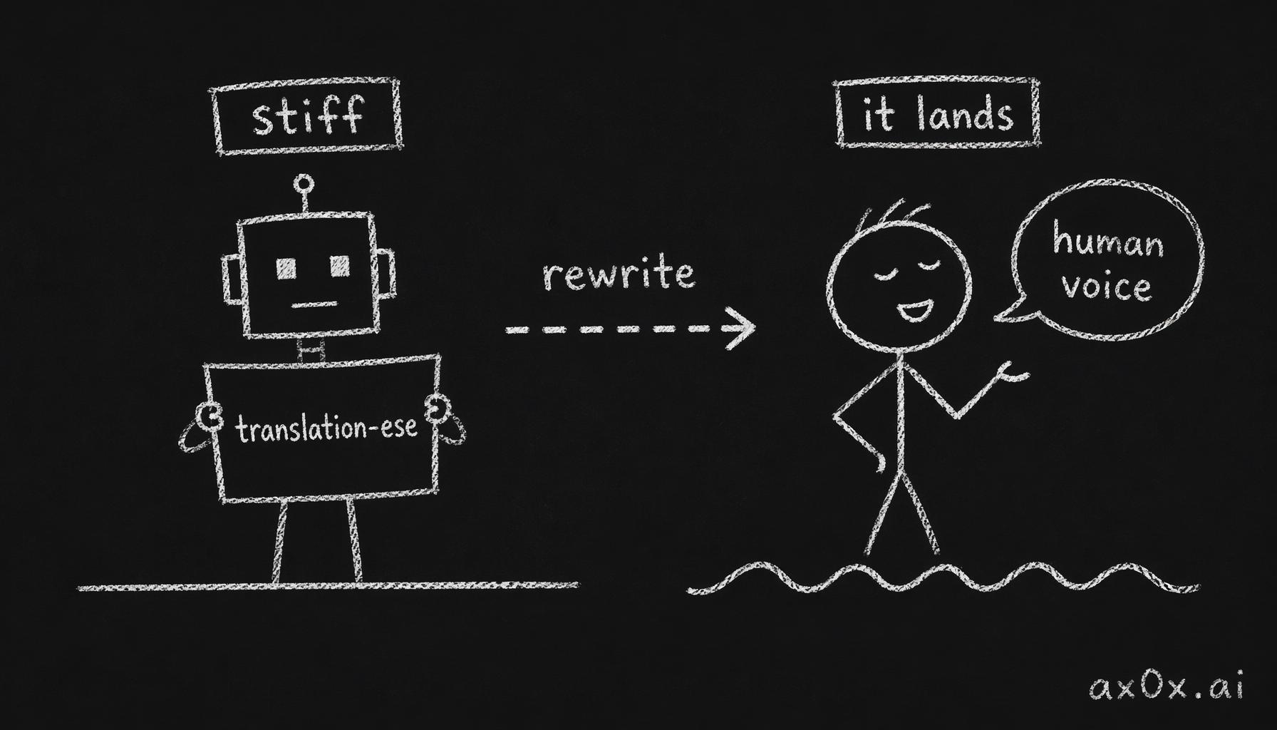 The same information reads stiff in translation-ese and lands once rewritten the way people talk — one message, two reading experiences