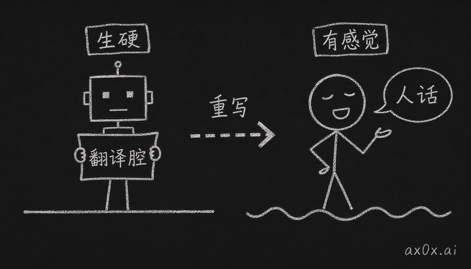 同一段信息，翻译腔版读着生硬没感觉，重写成人话后有了节奏——同一信息两种读感的对比