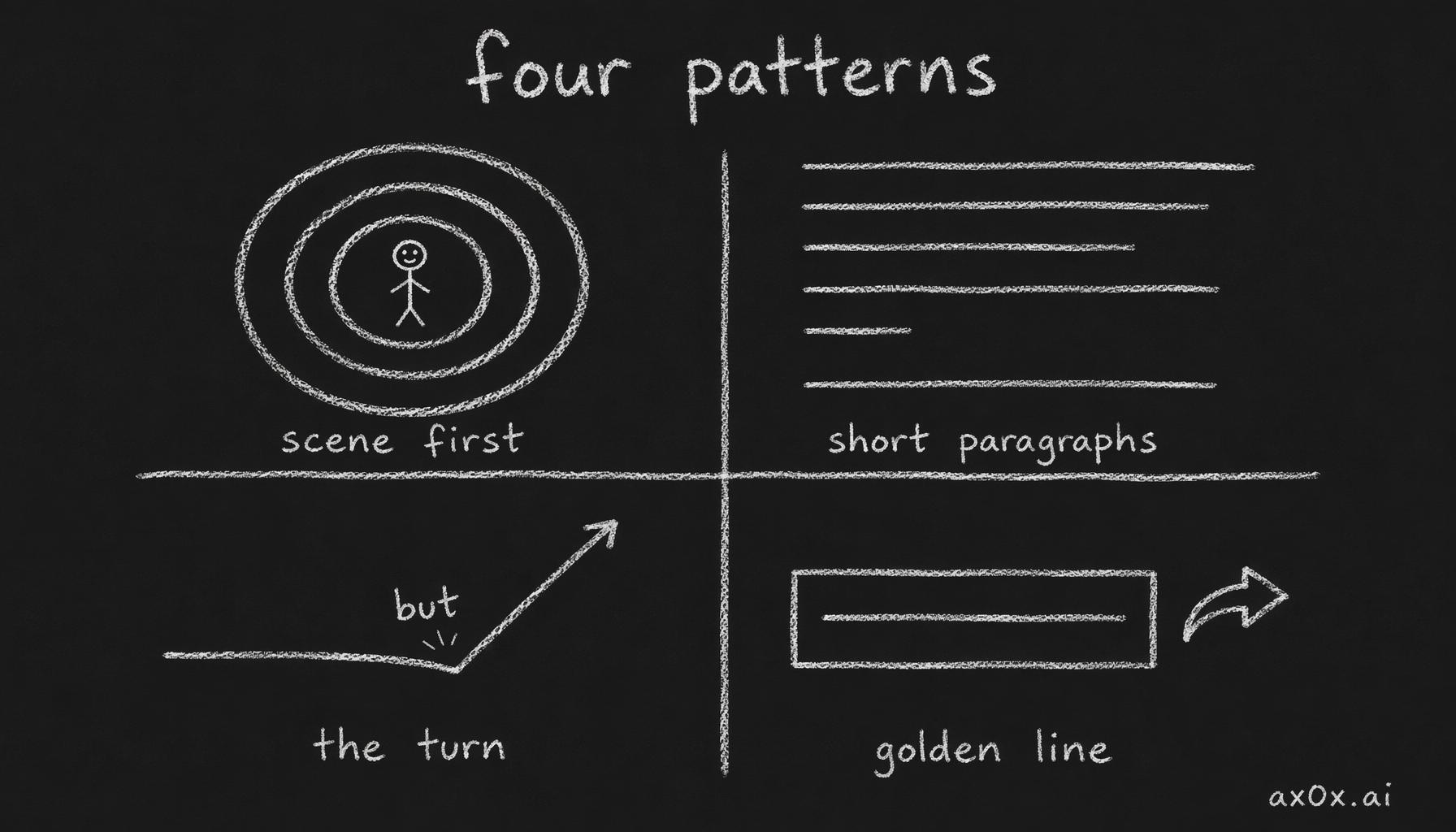 The four craft patterns pulled from the best writers — scene first, short paragraphs for rhythm, turns to reclaim attention, golden lines as social currency
